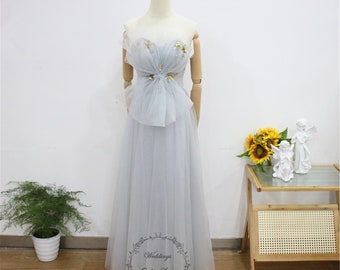 Pale Gray Blue Prom Dress, Star Moon Sequin Evening Dress, Strapless Party Gown, Sweetheart Neck Bridal Gown, Fairy Long Graduation Dress