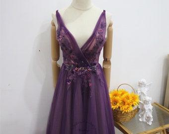Lavender Purple Prom Dress with Spaghetti Straps, 3D Flower Lace Graduation Dress, Deep V Bridal Dress, Sleeveless Open Back Prom Gown
