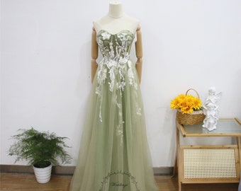 Groene Sweetheart Hals Galajurk, Bloemen Kant Formele Feestjurk, Mouwloze Avondjurk, Fairy Green Graduation Gown, Corset Bruidsjurk
