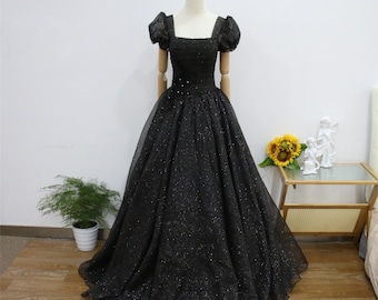 Black Sparkly Sequin Prom Ball Gown, 3D Flower Graduation Gown, Elegant Quinceañera Gown, Short Sleeve Evening Gown, Long Princess Ball Gown