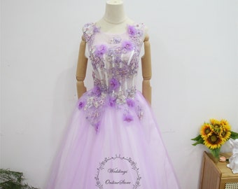 Purple Corset Prom Ball Gown, 3D Floral Lace Party Gown, Sleeveless Evening Gown, Fairy Tulle Graduation Dress, Bridal Gown,Quinceañera Gown