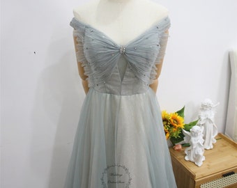 Gray Blue Prom Dress, off Shoulder Party Gown, Sequin Star Evening Dress, Long Sparkly Tulle Graduation Dress, Fairy Bridesmaid Gown