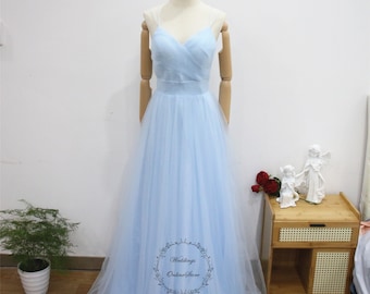 Baby Blue Floor Length Prom Dress, Sleeveless Tulle Graduation Dress, Spaghetti Straps Party Gown, Lace Bridesmaid Gown,V Neck Evening Dress