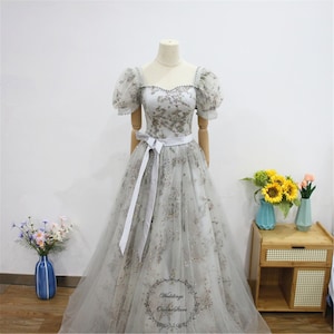Sparkly Sequin Prom Ball Gown,Silver Gray Graduation Gown,Elegant Pearl Quinceañera Gown, Short Sleeve Evening Gown, Long Princess Ball Gown