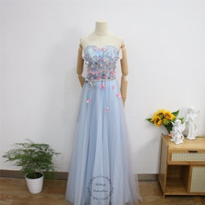 Pale Blue Prom Dress,3D Floral Lace Party Gown,Sweetheart Neck Evening Dress,Sleeveless Tulle Graduation Dress, Floor Length Bridesmaid Gown