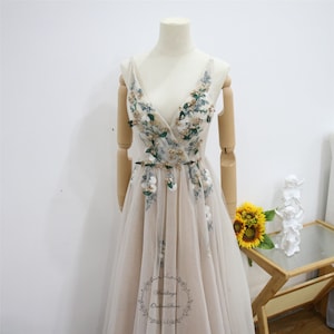 Champagne Prom Dress with Spaghetti Straps, 3D Flower Leaf Lace Graduation Dress, Deep V Bridal Dress, Sleeveless Open Back Prom Gown