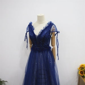 Indigo Blue Prom Dress, Star Moon Sequin Graduation Dress, Deep V Ruffled Neck Party Gown, Short Sleeve Party Dress, Elegant Bridesmaid Gown