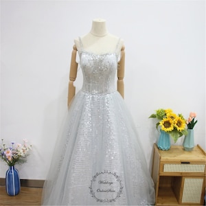 Silver Gray Tulle Prom Ball Gown, Sequin Graduation Gown,Sleeveless Quinceañera Gown, Spaghetti Straps Evening Gown, Long Princess Ball Gown