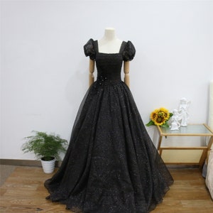 Black Sparkly Sequin Prom Ball Gown, 3D Flower Graduation Gown, Elegant Quinceañera Gown, Short Sleeve Evening Gown, Long Princess Ball Gown