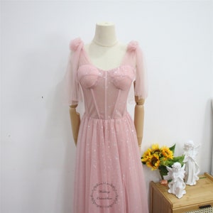 Pink Sleeveless Prom Party Dress,  Shiny Star Evening Dress, Corset Dress, Sweetheart Neck Bridal Dress,  Long Tulle Fairy Graduation Dress