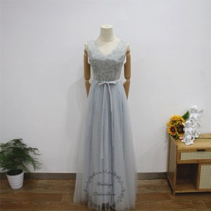 Silver Grey Prom Dress, Lace Flower Party Gown, Sleeveless Tulle Evening Dress, Cute Bow Tie Bridal Dress,V Neck Minimalist Graduation Dress
