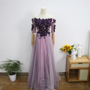 Lavender Purple lace Prom Dress,3D Flower Party Gown, Off Shoulder Evening Dress, Beaded Tulle Graduation Dress, Half Sleeve Bridesmaid Gown