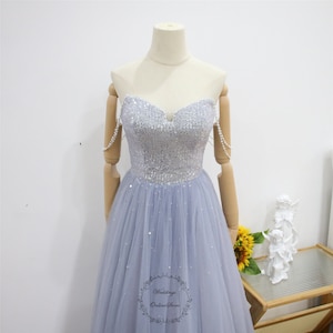 Sparkly Sequin Prom Dress, Beaded Formal Party Gown, Sweetheart Neck Evening Dress, Fairy Blue Tulle Graduation Gown, Sleeveless Bridal Gown