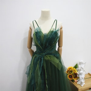 Green Ruffled Tulle Prom Dress, V Neck Party Dress with Double Spaghetti Straps, Beaded Evening Dress, Fairy Graduation Dress, Formal Gown