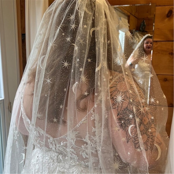 Sparkly Veil, Star Moon Sequin Bridal Veil, Regal Veil, Cathedral Wedding Veil, Vintage Veil, Single Tier Veil, Long Starry Veil, Custom