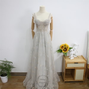 Star Moon Embroidery Prom Dress, Long Gray Evening Dress, Sleeveless Girl Party Dress, Corset Graduation Gown, Stars Bridesmaid Gown, A Line