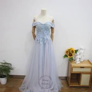 Pale Blue Prom Dress,off Shoulder Party Gown, Beaded Evening Dress,3D flower Long Tulle Graduation Dress, Fairy Short Sleeve Bridesmaid Gown