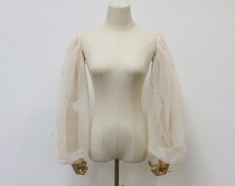 Maniche lunghe staccabili da fata, maniche elastiche con bottoni, eleganti maniche da sposa con perle, maniche in tulle champagne, maniche da sposa rimovibili