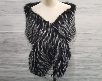 Black White Fur Shawl,  Winter Bridesmaid Fur Shawl Wrap, Black Wedding Faux Fur Shawl, Women Evening Party Fur Shrug, Cool Bridal Fur Shawl
