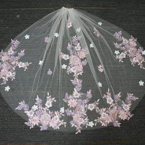 Short Fingertip Veil, Pink Purple Floral Lace Bridal Veil with Pearl, Elbow Wedding Veil, Bridal Forest Wedding Veil, 1 Tier Veil with Comb