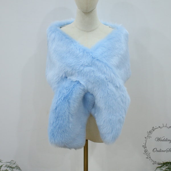 Light Blue Fur Shawl, Bridesmaid Fur Shawl Wrap, Winter Wedding Faux Fur Shawl, Women Evening Party Fur Shrug, Bridal Fur Shawl, Fur Shawl