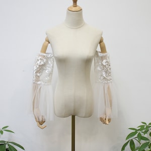 Mangas de encaje blanco para vestido de novia, mangas desmontables fuera del hombro, mangas de boda de hadas, manga de encaje extraíble, accesorio nupcial