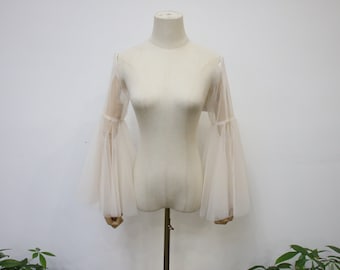 Maniche lunghe a campana staccabili, maniche elastiche per abito da sposa, maniche in morbido tulle color champagne, maniche a spalle scoperte, accessorio da sposa, 21"