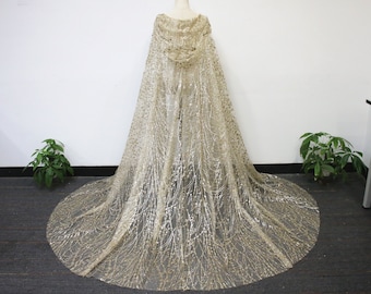 Sparkly Gold Sequin Hooded Bridal Veil, Vintage Bridal Cape Veil, Cathedral Veil, Gold Chapel Veil, Festival Party Veil, Custom Starry Veil