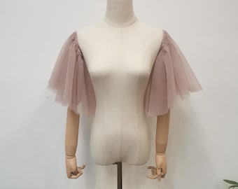 Detachable Rose Pink Tulle Sleeve, Short off Shoulder Wedding Sleeve, Removable Dress Sleeves, Tulle Bridal Sleeves, Custom Bridal Accessory