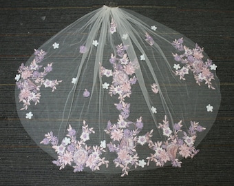 Short Fingertip Veil, Pink Purple Floral Lace Bridal Veil with Pearl, Elbow Wedding Veil, Bridal Forest Wedding Veil, 1 Tier Veil with Comb