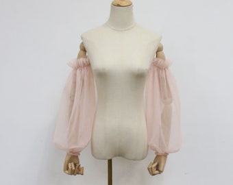 Pink off Shoulder Sleeve, Detachable Ruffle Bridal Sleeve, Soft Tulle Sleeves with Button, Removable off Shoulder Sleeve, Bridal Accessory