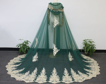 Green Hooded Bridal Veil, Gold Applique Chapel Veil, Vintage Forest Cape Veil, Baroque Lace Cloak, Elegant Chapel Veil, Festival Party Veil