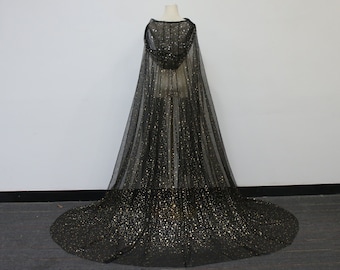 Sparkly Gold Star Hooded Bridal Veil, Black Tulle Cape Veil, Gothic Wedding Veil, Starry Chapel Veil, Festival Party Veil, Custom Cape Veil