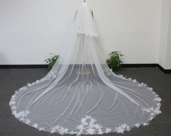 Floral Blusher Wedding Veil, Minimalist Bridal Veil, 3D Flower Bridal Veil, Ivory Cathedral Veil, Beach Wedding Veil, 2 Tiers Veil with Comb