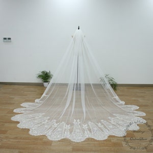 Luxury Wedding Veil, Boho Floral Veil, Applique Veil with Sequin Bead, Ivory Cathedral Veil, Classic Bridal Veil, Single Tier Veil with Comb