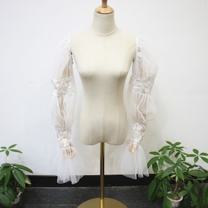 Fairy Lace Sleeve, Detachable White Tulle Wedding Sleeves, Long Beaded Dress Sleeves, Ruffled Dress Sleeves, Removable Elastic Sleeves