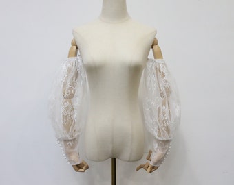 Floral Lace off the Shoulder Sleeve, Detachable Wedding Sleeves, White Bridal Sleeves with Pearls, Removable Elastic Sleeves, Custom Sleeves