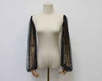 Mangas de novia negras desmontables, mangas de novia con perlas, mangas largas de tul, mangas de novia elegantes, mangas desmontables personalizadas, accesorio de novia