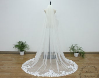 Floral Wedding Veil, Applique Veil, Cathedral Veil, Lace Veil, Ivory Bridal Veil, Chapel Veil, Floor Length Veil, One Tier Veil with Comb