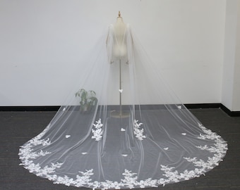 Floral Lace Cathedral Cape Veil, Vintage Lace Bridal Cape Veil, V Back Shoulder Cape Veil, Floral Chapel Veil, Lace Bridal Wedding Cloak