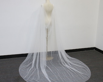 May include: A white tulle wedding veil with a long train and pearl embellishments.