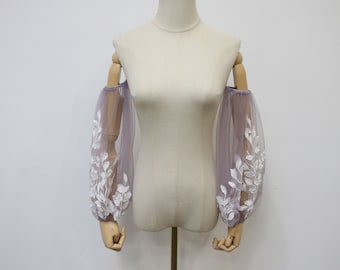 Fairy Leaf Lace Sleeve, Detachable off the Shoulder Wedding Sleeves, Purple Tulle Dress Sleeves, Removable Elastic Sleeves, Custom Sleeves