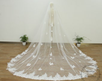 May include: A long, white bridal veil with a delicate lace trim and floral appliques. The veil is made of soft tulle and is perfect for a traditional wedding.