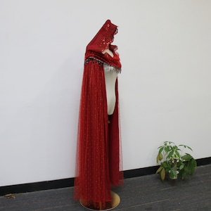 Boho Red Hooded Cape, Beaded Bridal Cloak, Lace Wedding Cape, Chiffon Cape, Forest Wedding Cloak, Halloween Hooded Cape,Festival Party Cloak