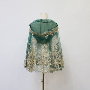 Short Vintage Green Tulle Cape Gold Applique Hooded Bridal Veil Forest Cape Veil Baroque Lace Cloak Elegant Veil Festival Party Veil Etsy