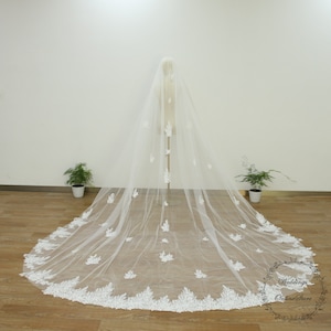 Star Embroidery Lace Veil with Sequin, Mermaid Theme Wedding Veil, Cathedral Veil, Ivory Bridal Veil, Chapel Veil with Comb, Fingertip Veil