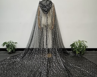 Sparkly White Star Hooded Bridal Veil, Black Tulle Cape Veil, Cathedral Gothic Wedding Veil, Starry Chapel Veil, Festival Party Veil, Custom