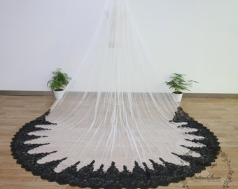 May include: A white bridal veil with a black lace trim. The veil is long and flowing, and the lace trim is intricate and delicate.