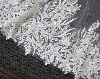 Bridal Beach Wedding Veil, Starfish Veil, Ivory Fingertip Veil, Boho Lace Applique Bridal Veil, Sparkly Sequin Veil, 1 Tier Veil with Comb