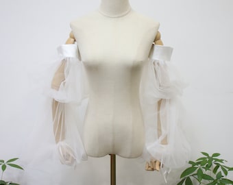 Mangas de hada con hombros descubiertos, mangas de novia de tul suave desmontable, mangas elásticas para vestido de novia, mangas largas blancas para vestido, accesorio de novia